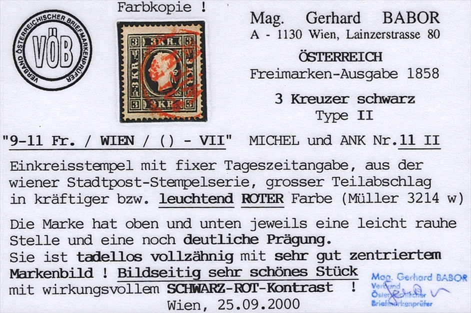 Österreich 1859 3 Kreuzer ANK Nr. 11 II "schwarz" mit rotem Stempel WIEN – Bild 2