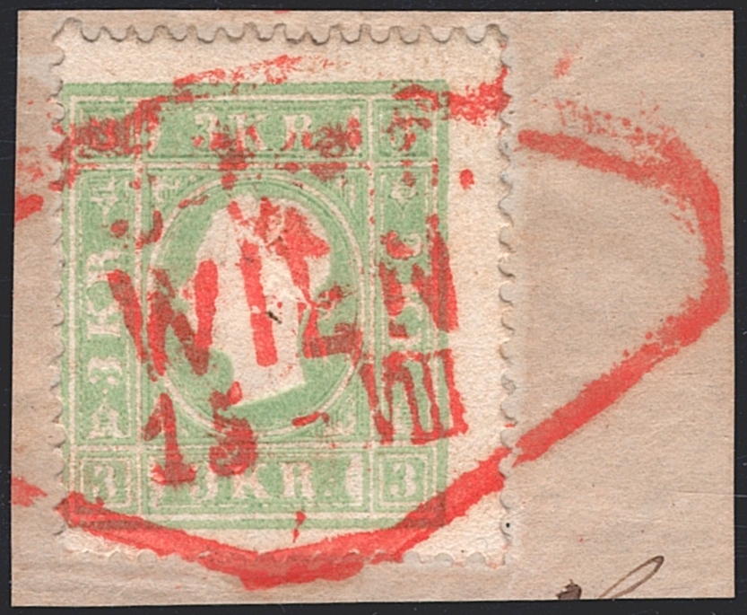 Österreich 1859 3 Kreuzer ANK Nr. 12 "gelblichgrün" mit rotem diamantförmigen Stempel WIEN