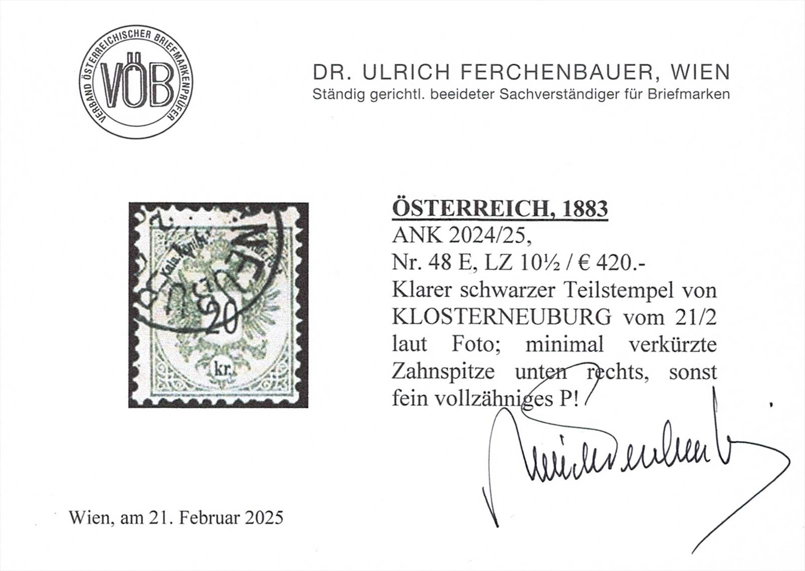 Österreich 1883 20 Kreuzer ANK Nr. 48 E - LZ 10.5 - "grau" gestempelt KLOSTERNEUBURG – Bild 2