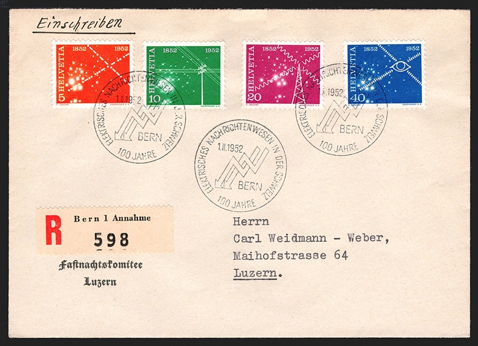 Schweiz, FDC,Freimarken, Nr.309-312, 100 Jahre Nachrichtenwesen, adressierter, illustrierter R-FDC, Sonder-ET-Stempel