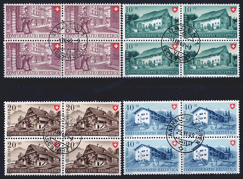 Schweiz, Pro Patria, Viererblöcke, Nr.42-45, Häuser, komplette Serie, gestempelt BADEN/AATHAL-SEEGRÄBEN