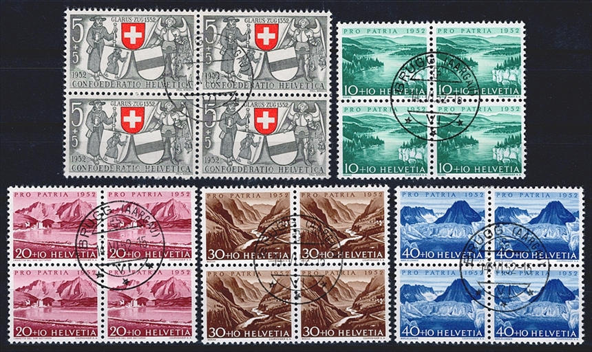 Schweiz, Pro Patria, Viererblöcke, Nr.56-60, Landschaften, komplette Serie, gestempelt Ersttag BRUGG