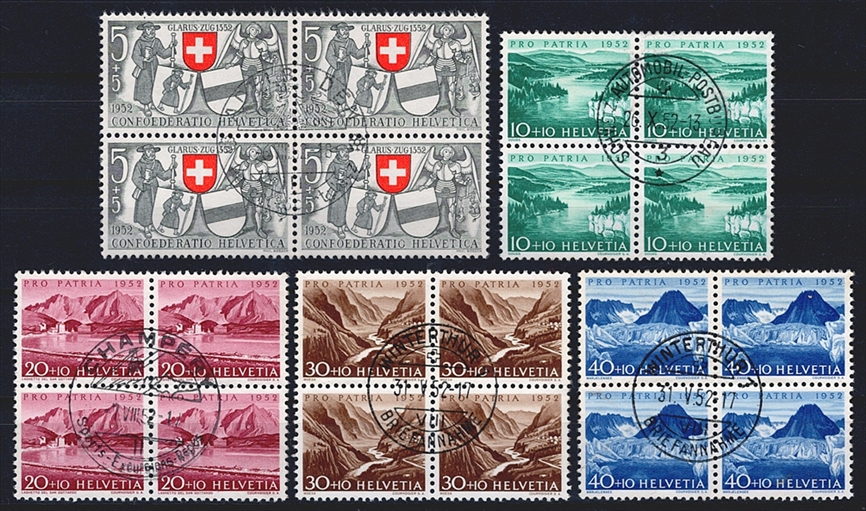 Schweiz, Pro Patria, Viererblöcke, Nr.56-60, Landschaften, komplette Serie, gestempelt