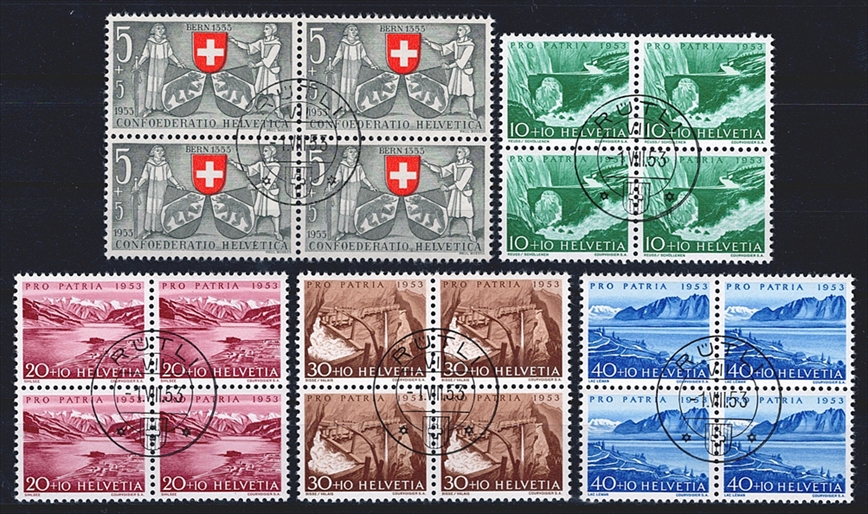 Schweiz, Pro Patria, Viererblöcke, Nr.61-65, Landschaften, komplette Serie, gestempelt RÜTLI 1.VIII