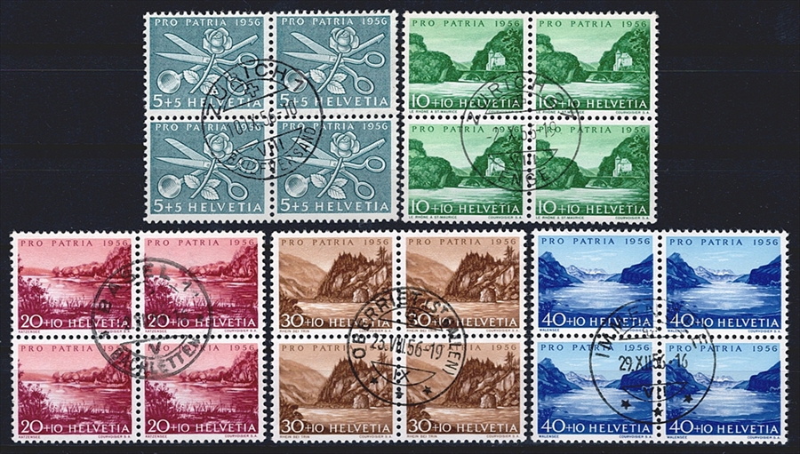Schweiz, Pro Patria, Viererblöcke, Nr.76-80, Landschaften, komplette Serie, gestempelt