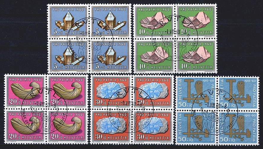 Schweiz, Pro Patria, Viererblöcke, Nr.96-100, Mineralien und Versteinerungen, komplette Serie, gestempelt RÜTLI