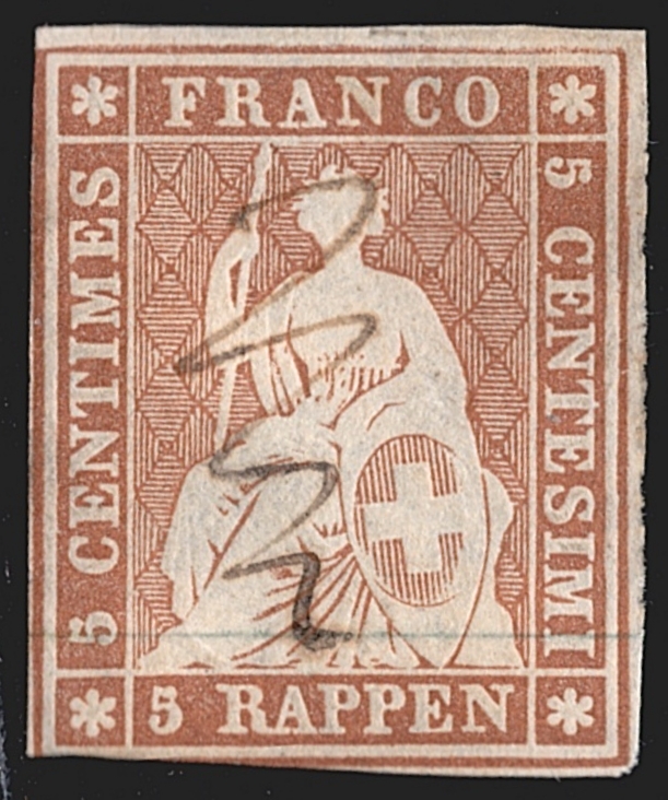 Schweiz, Strubel, Altschweiz, Sitzende Helvetia ungezähnt, 5Rp.braun, Nr.22A, dekorative Tintenentwertung auf dreiseitig vollrandiger Marke