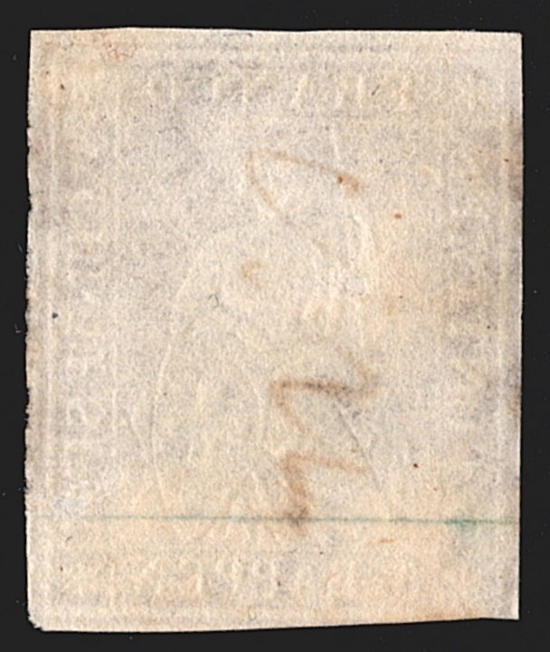 Schweiz, Strubel, Altschweiz, Sitzende Helvetia ungezähnt, 5Rp.braun, Nr.22A, dekorative Tintenentwertung auf dreiseitig vollrandiger Marke – Bild 2