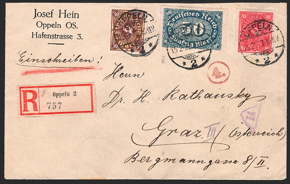Deutschland, Deutsches Reich, Freimarken, Nr.206/208/246, auf eingeschriebenem Brief nach Graz, Zensur, OPPELN 15.2.1923