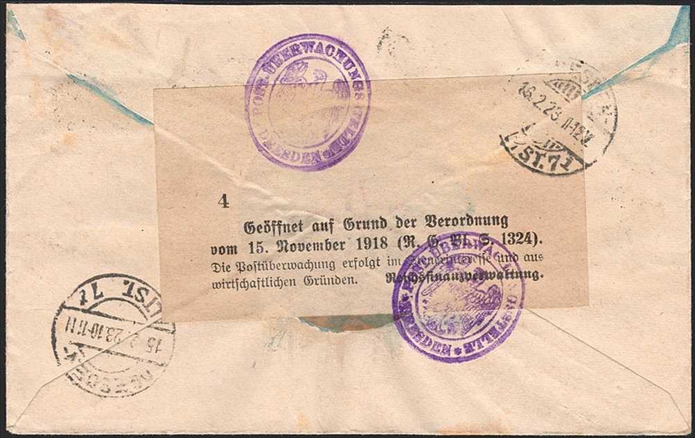 Deutschland, Deutsches Reich, Freimarken, Nr.206/208/246, auf eingeschriebenem Brief nach Graz, Zensur, OPPELN 15.2.1923 – Bild 2