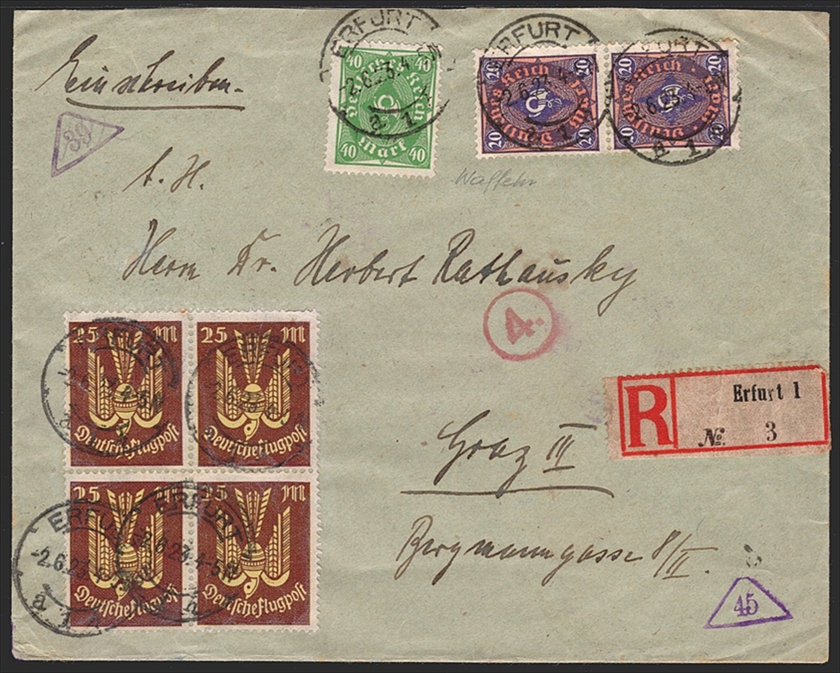 Deutschland, Deutsches Reich, Freimarken, Nr.232/206 (2x)/236 (4x), auf eingeschriebenem Brief nach Graz, Zensur, ERFURT 2.6.1923