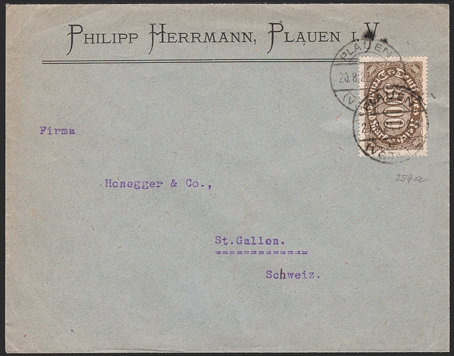 Deutschland, Deutsches Reich, Freimarken, Nr.254a als Einzelfrankatur auf Auslandbrief nach St.Gallen , PLAUEN 20.8.1923