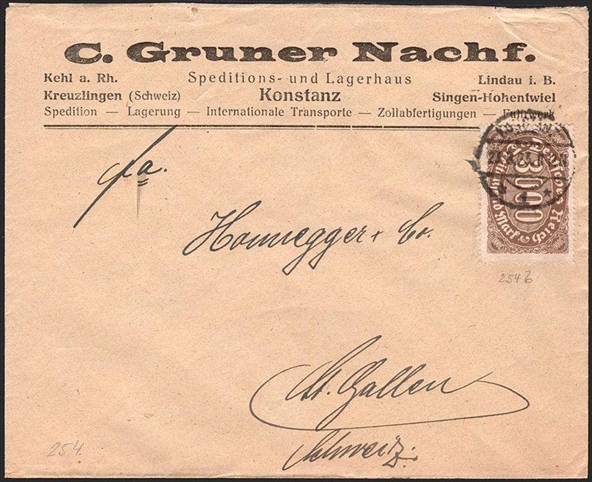 Deutschland, Deutsches Reich, Freimarken, Nr.254b als Einzelfrankatur auf Auslandbrief nach St.Gallen , KONSTANZ 23.8.1923