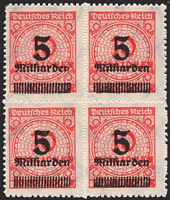 Deutschland, Deutsches Reich, Freimarken, Nr.334B, 5 Mrd./10 Mio., zinnober, durchstochen, im Viererblock