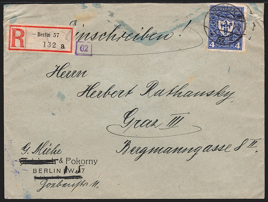Deutschland, Deutsches Reich, Gewerbeschau, 4 Mark, Nr.202, eingeschriebener Brief der 2.Gewichtsstufe nach Wien, Devisenzensur, BERLIN 15.5.24