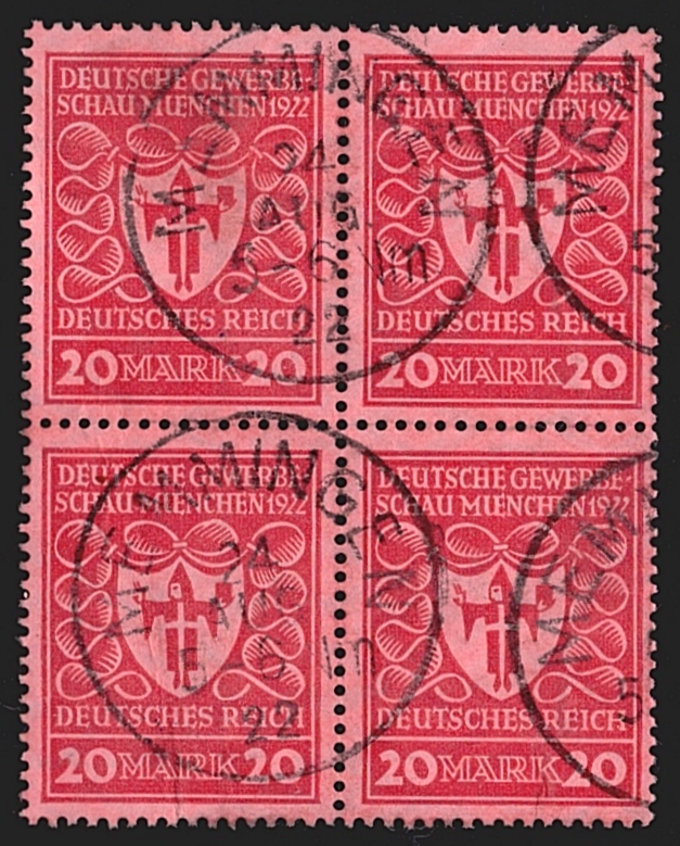 Deutschland, Deutsches Reich, Gewerbeschau, Nr.204b, 20 Mark, karminrot, im Viererblock, gestempelt MEMMINGEN, signiert
