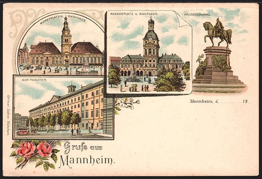 Deutschland, Lithographien, Gruss aus MANNHEIM, 4 Bilder, um 1900, nicht gelaufen