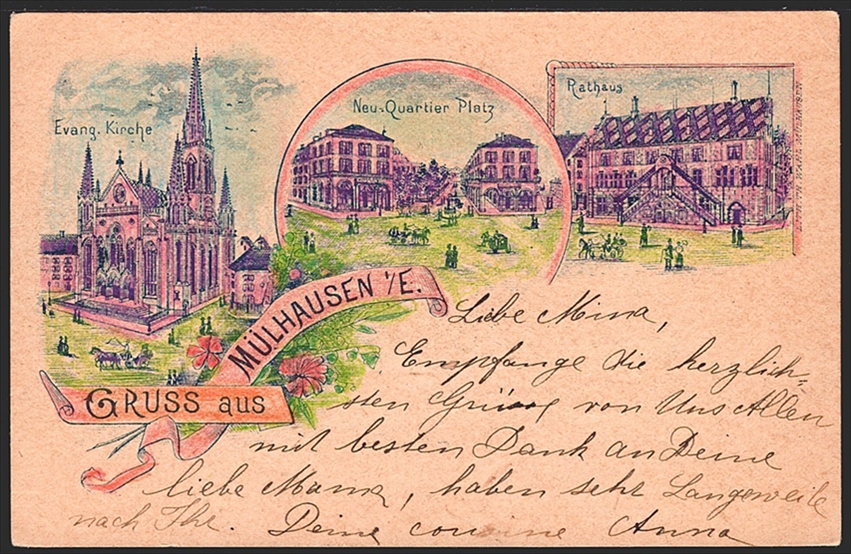 Deutschland, Lithographien, Gruss aus MÜHLHAUSEN i/E., 3 Bilder, 1899, leicht nachcoloriert