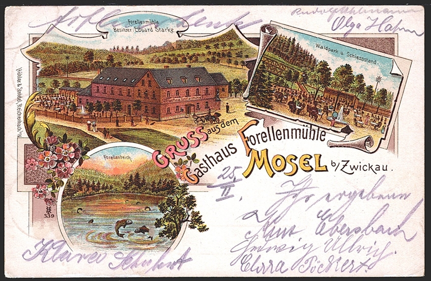Deutschland, Lithographien, Gruss aus dem Gasthaus Forellenmühle MOSEL, 3 Bilder, 1902