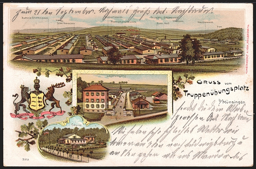 Deutschland, Lithographien, Gruss vom Truppenübungsplatz MÜNSINGEN, 3 Bilder, 1905