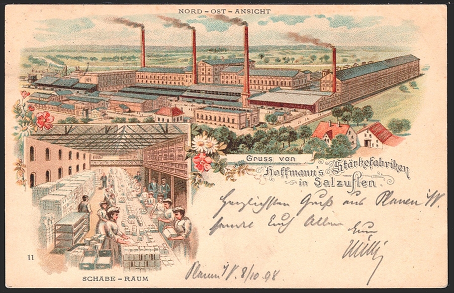 Deutschland, Lithographien, Gruss von Hoffmanns Stärkefabriken in SALZUFLEN, 2 Bilder, 1898