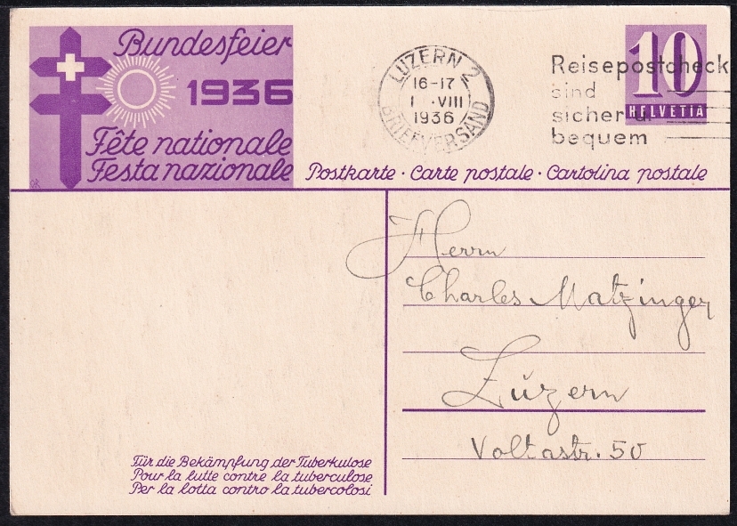 Schweiz Bundesfeierkarten 1936 Schwörender Senn, 10 Rp., gestempelt 1.8.