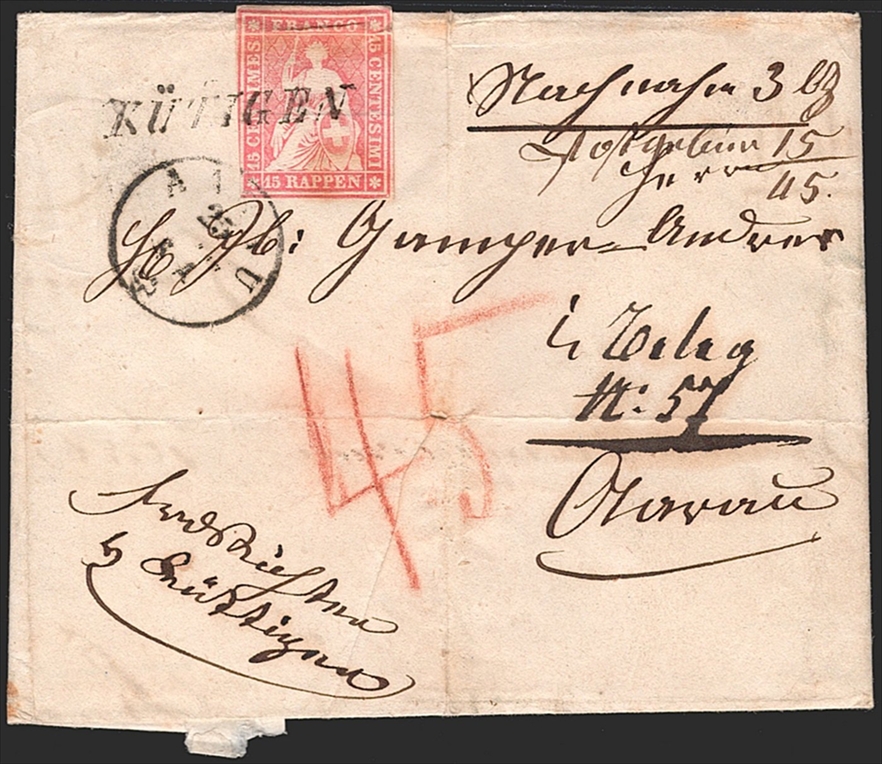 Schweiz, Strubel, Sitzende Helvetia, Nr.24G, 15Rp.karminrot, Balkenstempel KÜTIGEN, kleine Mängel