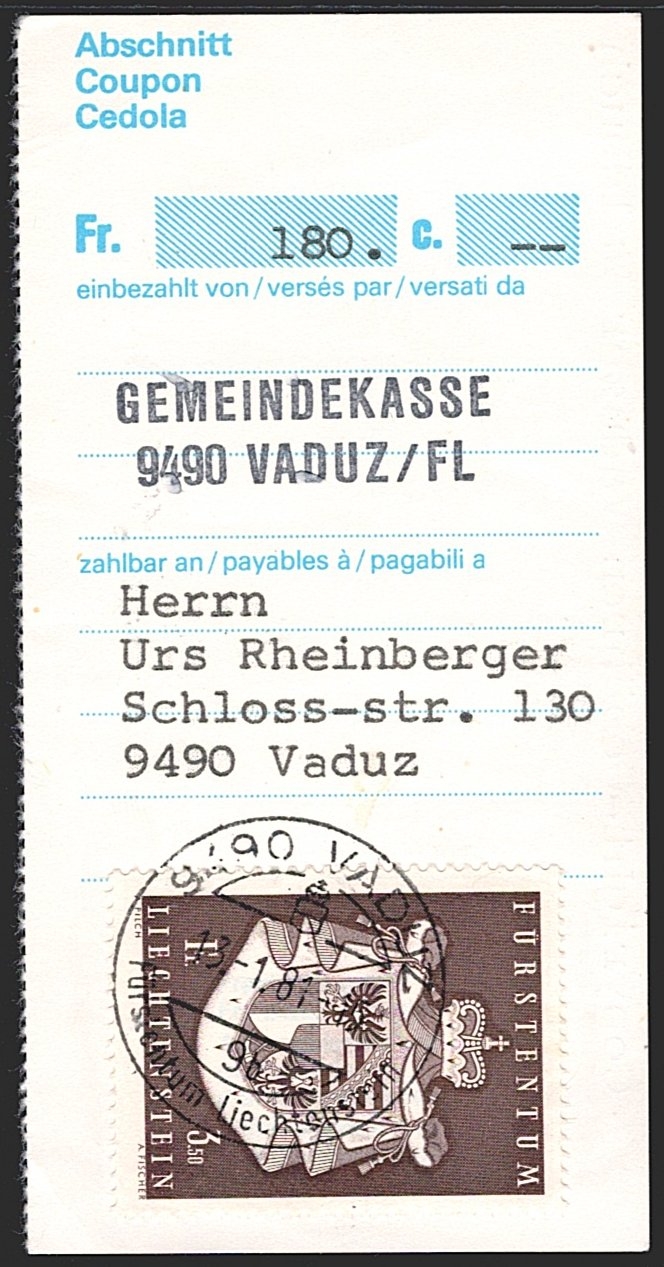 Liechtenstein, Freimarken, Nr.441, auf Zahlungsabschnitt, gestempelt VADUZ