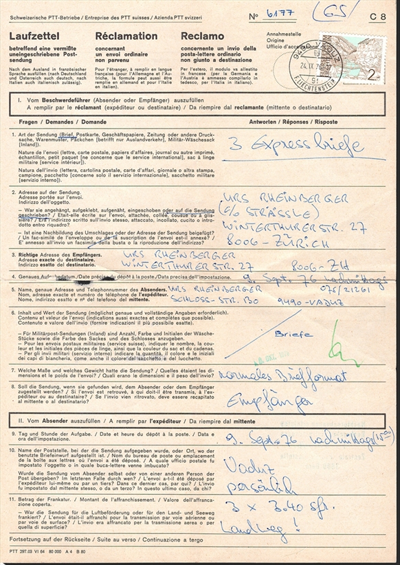 Liechtenstein, Freimarken, Nr.525, auf Laufzettel, gestempelt VADUZ, trotz kleinem Einriss seltenes Dokument – Bild 2
