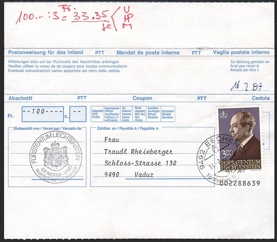 Liechtenstein, Freimarken, Nr.768, auf Postanweistung, gestempelt ESCHEN