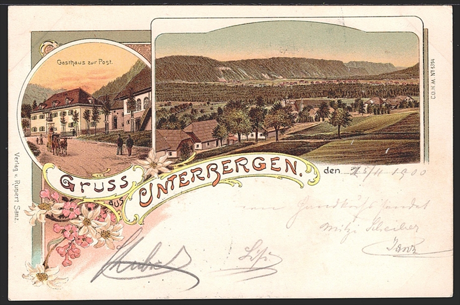Lithographien, Österreich, Kärnten, Gruss aus UNTERBERGEN, 2 Bilder, 1900