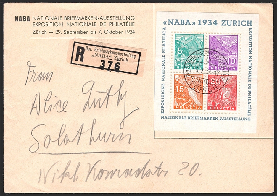 Schweiz, Blocks, NABA Zürich, Nr.1, eingeschriebener Sonderumschlag