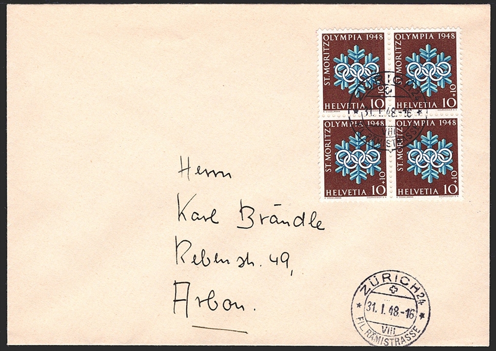 Schweiz, Blocks, Nr.25-28 je im Viererblock auf adressierten Umschlägen, Stempel ZÜRICH 24 – Bild 3