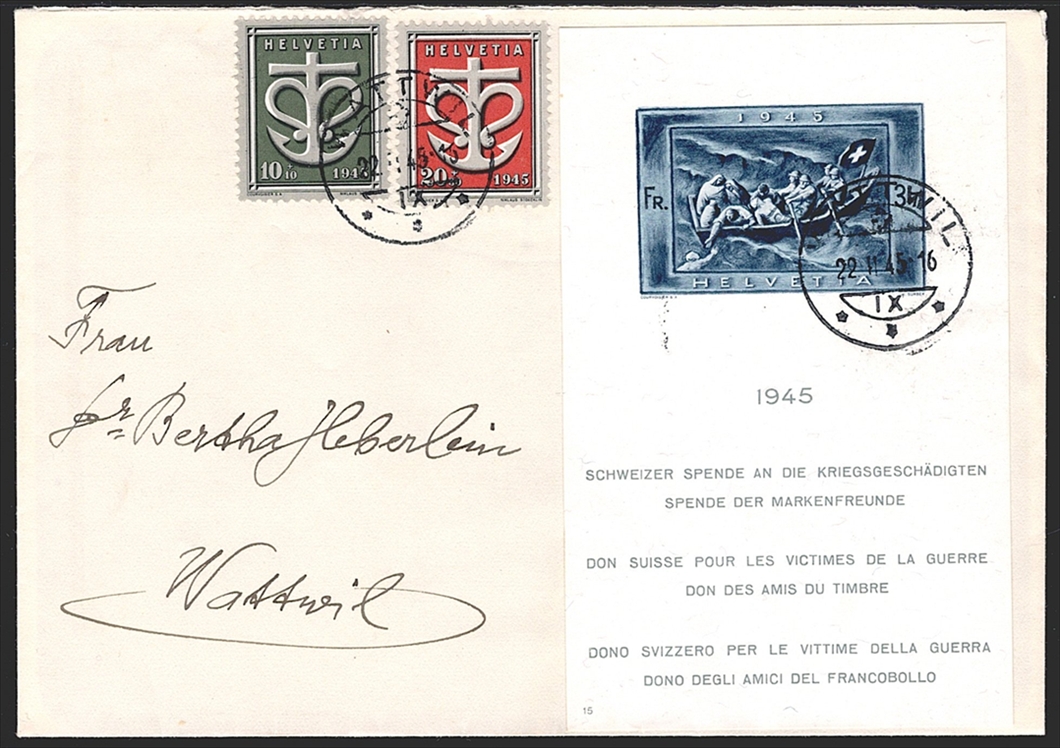 Schweiz, Blocks, Schweizer-Spende, Nr.19-21, Bedarfsbrief, gestempelt WATTWIL
