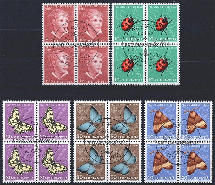 Schweiz, Pro Juventute, Nr.143-147, im Viererblock, ET-Stempel