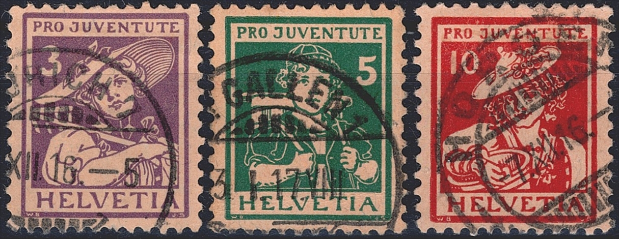Schweiz, Pro Juventute, Nr.4-6, Trachtenbilder, komplette Serie, gestempelt