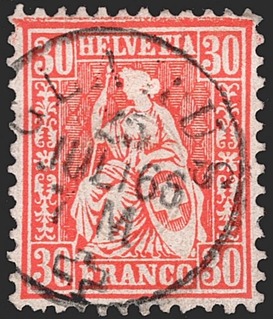 Schweiz, Sitzende Helvetia, 1863, 30Rp.zinnober, Nr.33, Vollstempel GLARUS