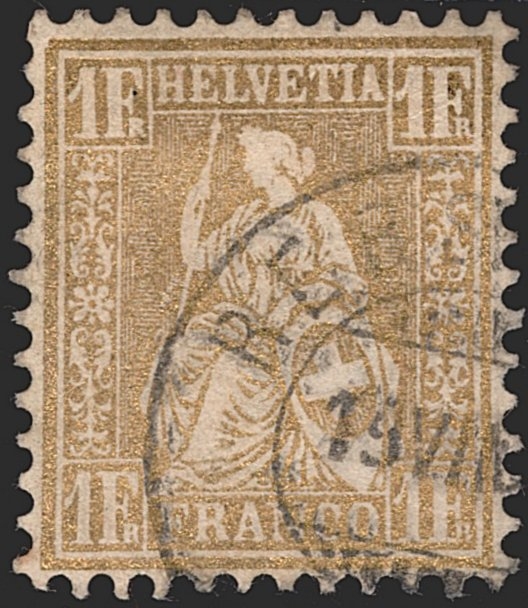 Schweiz, Sitzende Helvetia, 1864, 1Fr.golden, Nr.36, gestempelt REBSTEIN