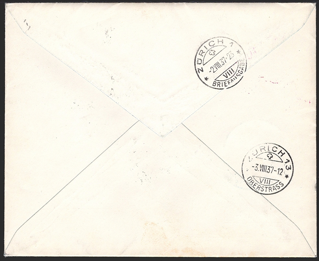 Schweiz, Sonderflüge, 1937 Zürich-Sion, SF 37.3, eingeschriebener Brief mit hochwertiger Frankatur, Nr.9z/11 – Bild 2