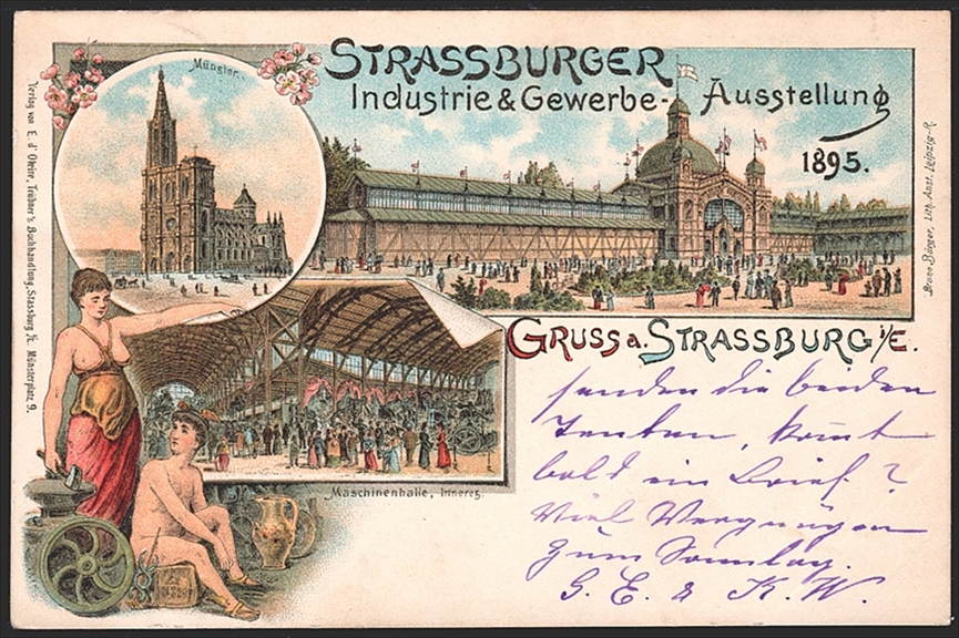 Deutschland, Lithographien, Gruss aus STRASSBURG, Strassburger Industrie & Gewerbe-Ausstellung, 4 Bilder, 1895