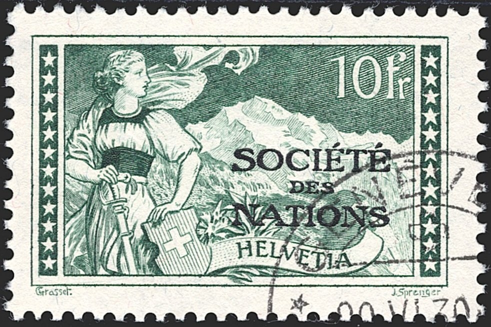 Schweiz, Ämter, SDN, Nr.32, 1930, 10Fr.grün, Eckstempel