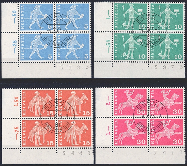 Schweiz, Freimarken, Nr.355L+, komplette Serie (8 Werte), Leuchtstoff, im Viererblock, ET-Stempel BERN 4.X.63