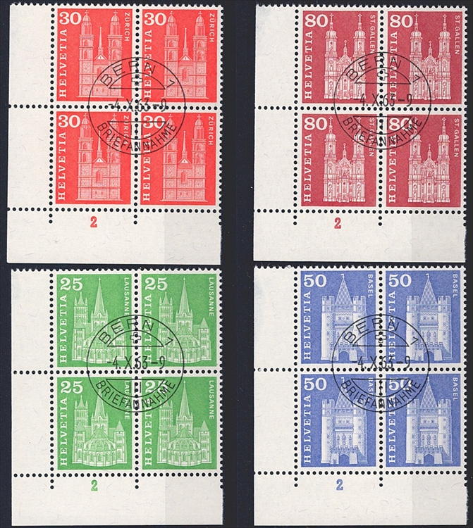 Schweiz, Freimarken, Nr.355L+, komplette Serie (8 Werte), Leuchtstoff, im Viererblock, ET-Stempel BERN 4.X.63 – Bild 2