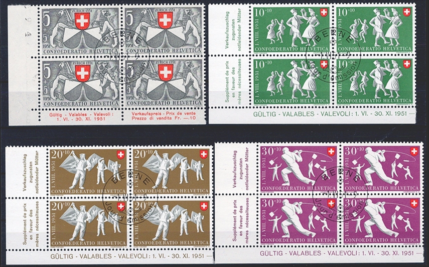 Schweiz, Pro Patria, Nr.51-55, im Viererblock, Bogeneckrand-Stücke, ET--Stempel f BERNE, mit Gummi **