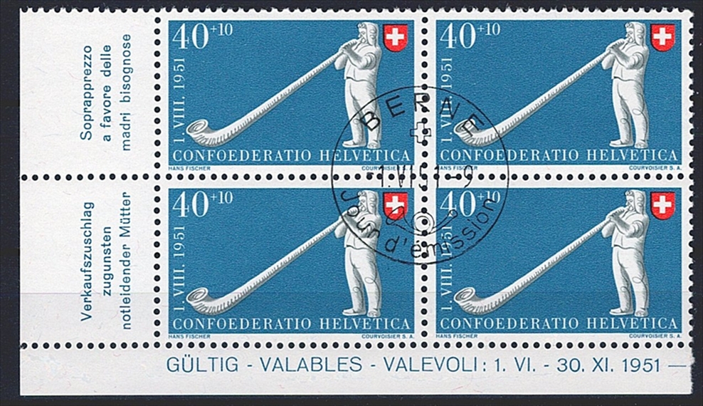 Schweiz, Pro Patria, Nr.51-55, im Viererblock, Bogeneckrand-Stücke, ET--Stempel f BERNE, mit Gummi ** – Bild 2
