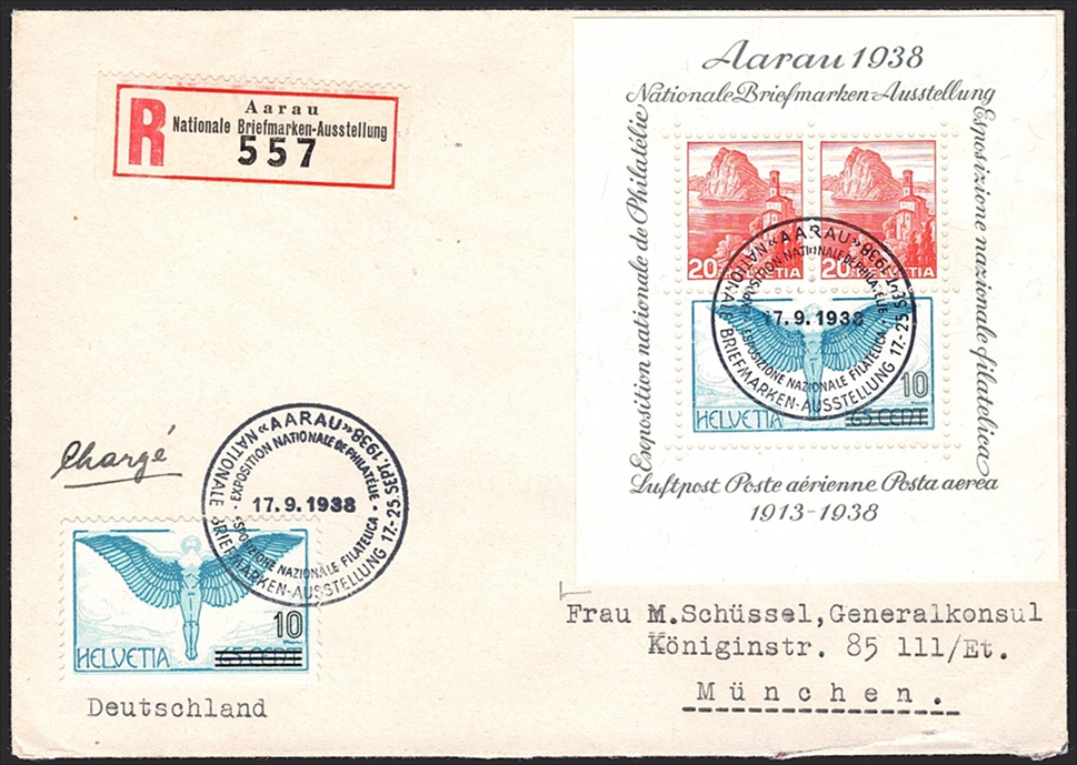 Schweiz, Zuschlagsausgaben, Blocks, Nr.11/F22, AARAU, portogerechter, eingeschriebener FDC mit Sonderstempel nach München