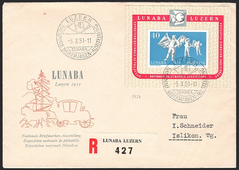 Schweiz, Zuschlagsausgaben, Blocks, Nr.32, LUNABA, eingeschriebener Brief mit Sonderstempel
