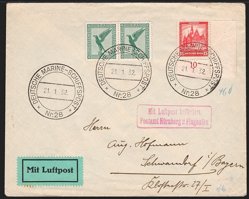 Deutschland, Deutsches Reich, Flugpost, Nr.378/460, Bedarfsflugbrief, gestempelt DEUTSCHE MARINE SCHIFFSPOST