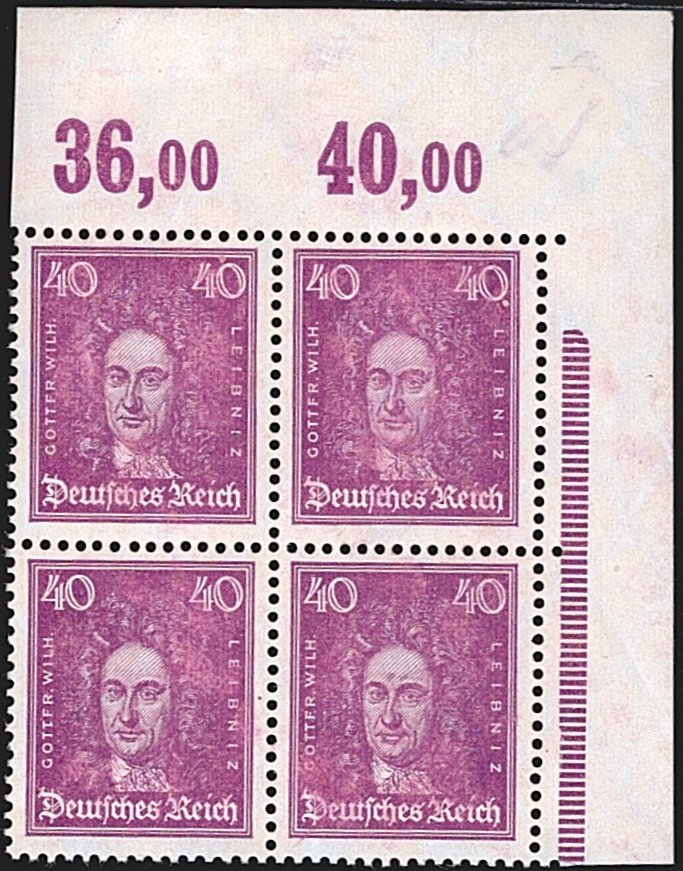Deutschland, Deutsches Reich, Freimarken, Nr.395/395 P OR, 40Pfg.schwärzlichrotviolett, im Viererblock mit Oberrand, Bogeneckrand