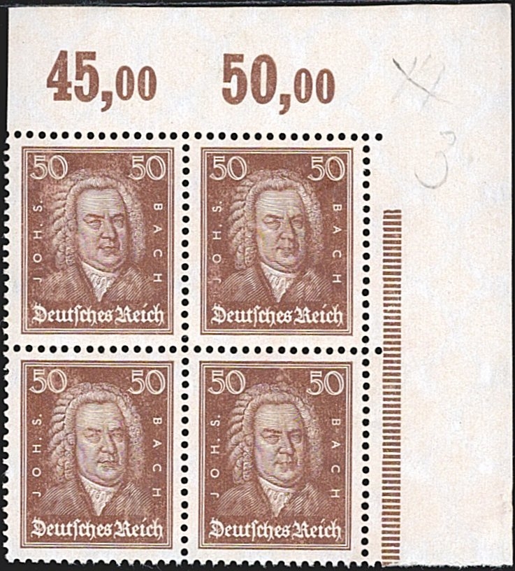 Deutschland, Deutsches Reich, Freimarken, Nr.396/396 P OR, 50Pfg.mittelsiena, im Viererblock mit Oberrand, Bogeneckrand